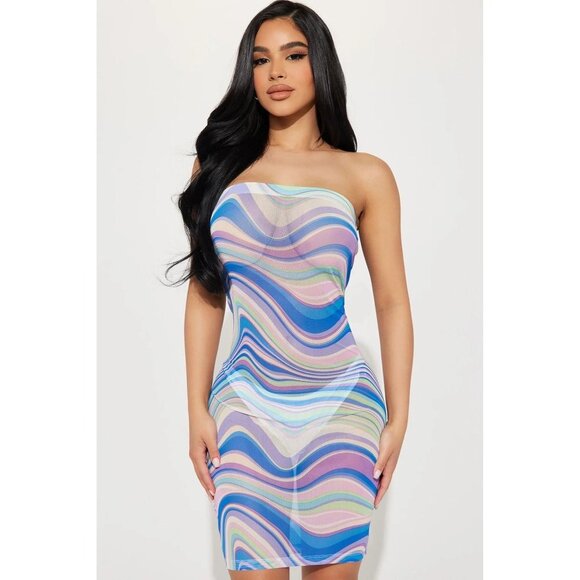 Almost Famous Groovy Bae Mesh Mini Dress - Blue/combo - Size Small - Picture 1 of 9